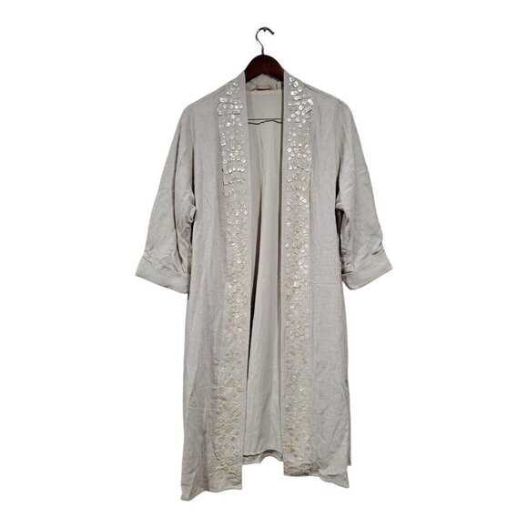 Soft Surroundings Linen Duster Long Cardigan Coat Shell Button Embellish Sz M - Picture 1 of 16